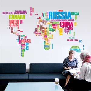 Multicolor Word World Map Wall Stickers