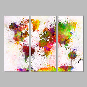 3 Piece Water Color Style World Map Print On Canvas