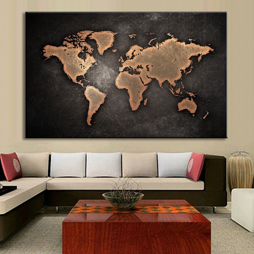 Huge Black World Map Print On Canvas